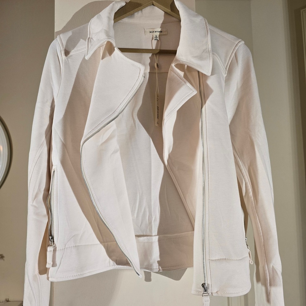 Max Studio Bone White Moto Jacket Asymmetric Zip Stretch A701R20 Womens S NWT